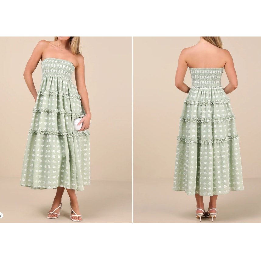 Lulu's Beautiful Sentiments Sage Floral Strapless Tiered Midi Dress