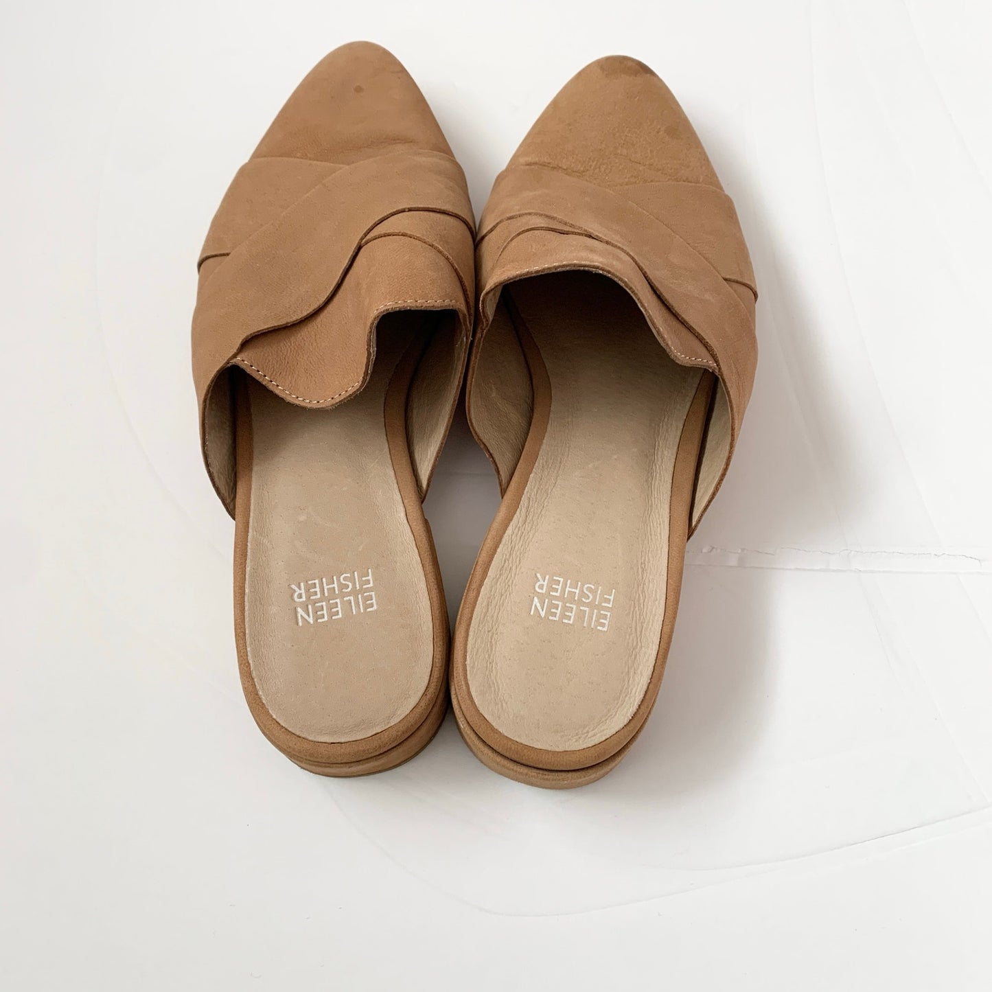 Eileen Fisher Bauer Tumbled Nubuck Tan Leather Mule Flat Shoes