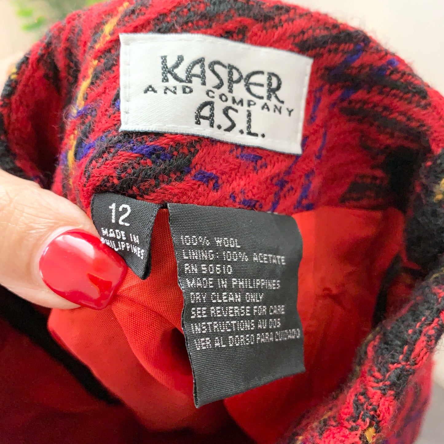 Vintage Tartan Red Plaid Pencil Wool Skirt Kasper ASL 12