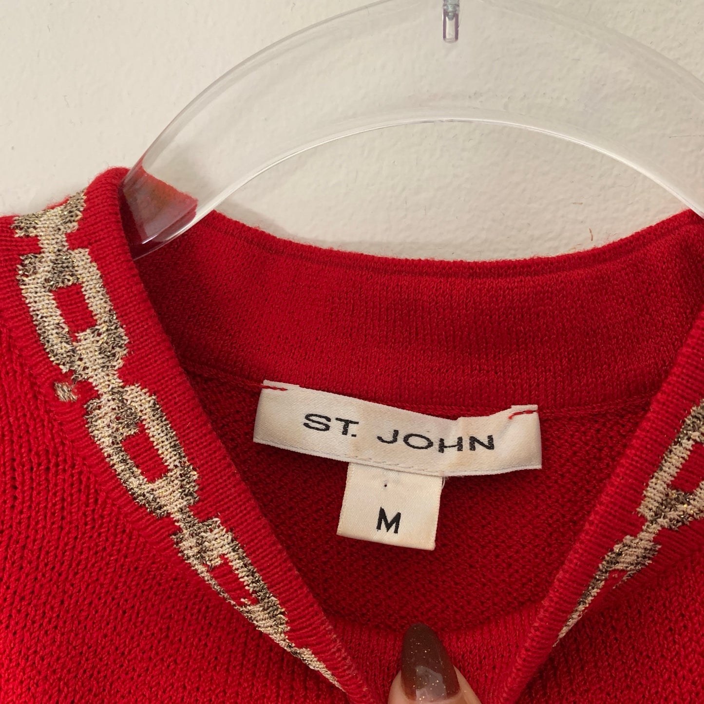 Vintage St. John Red Knit Sleeveless Sweater Tank Gold Chain Neck Medium