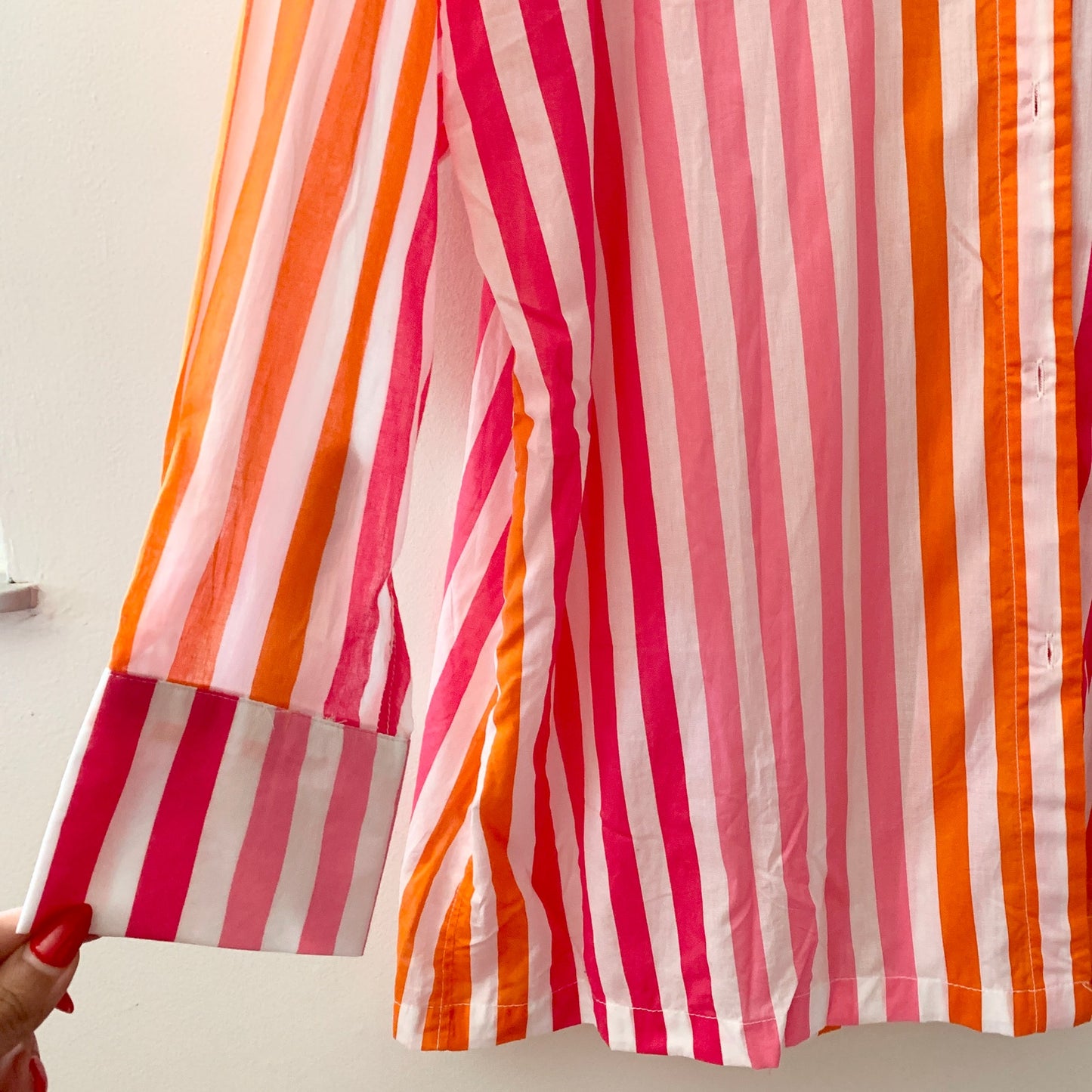 Beach Riot Alexa Pink White Orange Sunset Stripe Cotton Button Swim Top Shirt L