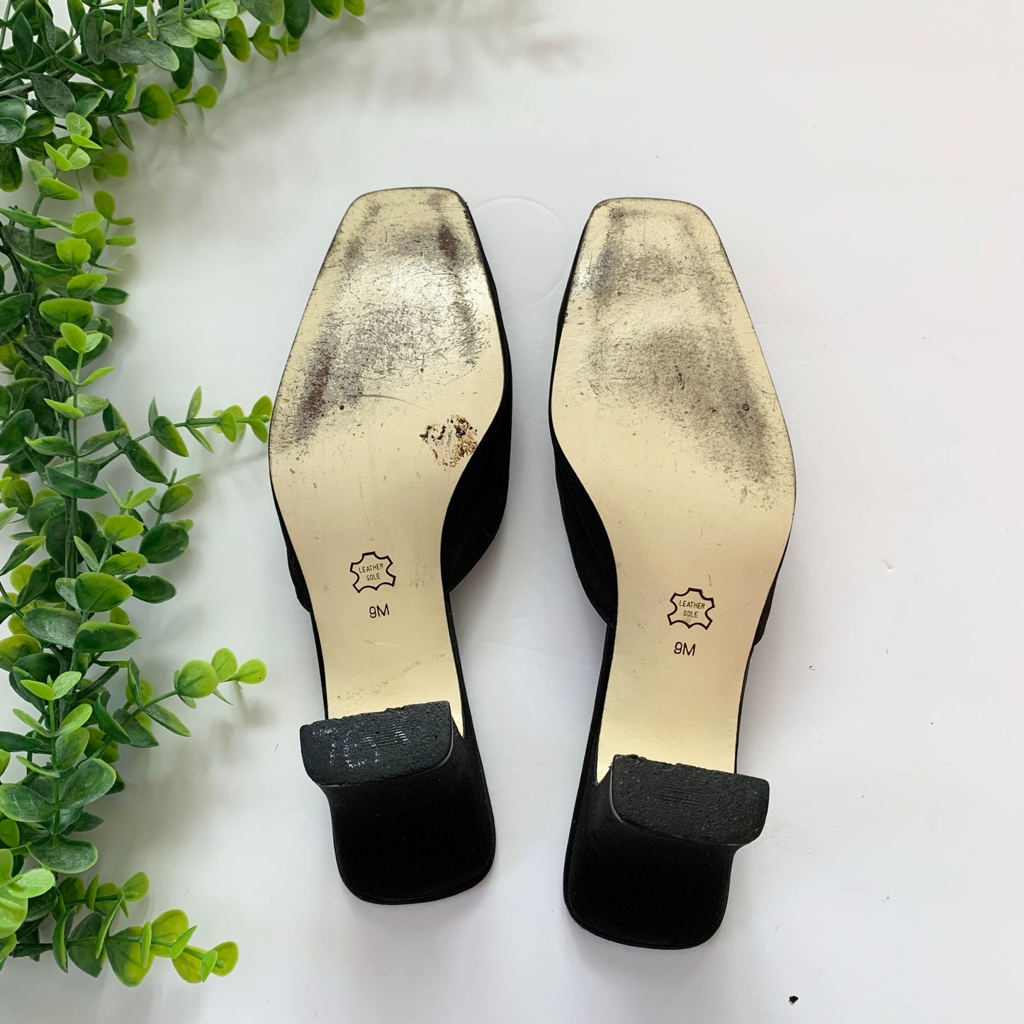 Vintage Sam and Libby Kitten Heel Square Toe Mule Leather Sole Shoes sz 9 Black