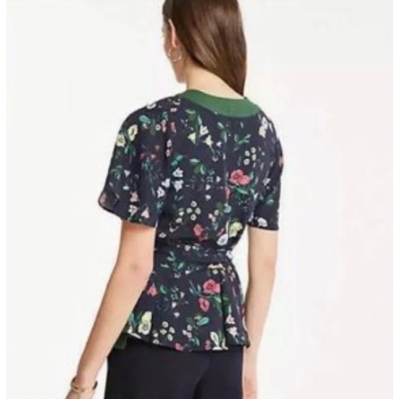 Ann Taylor Floral Flutter Sleeve Kimono Wrap Top Dark navy Floral Print Shirt