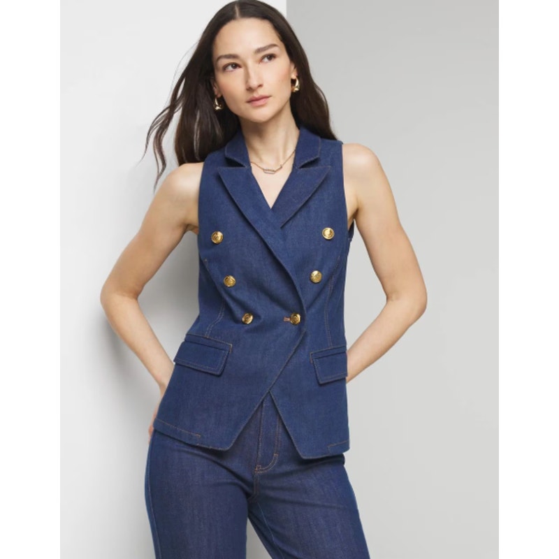 White House Black Market Tailored Denim Suiting Vest Gold Buttons Spring