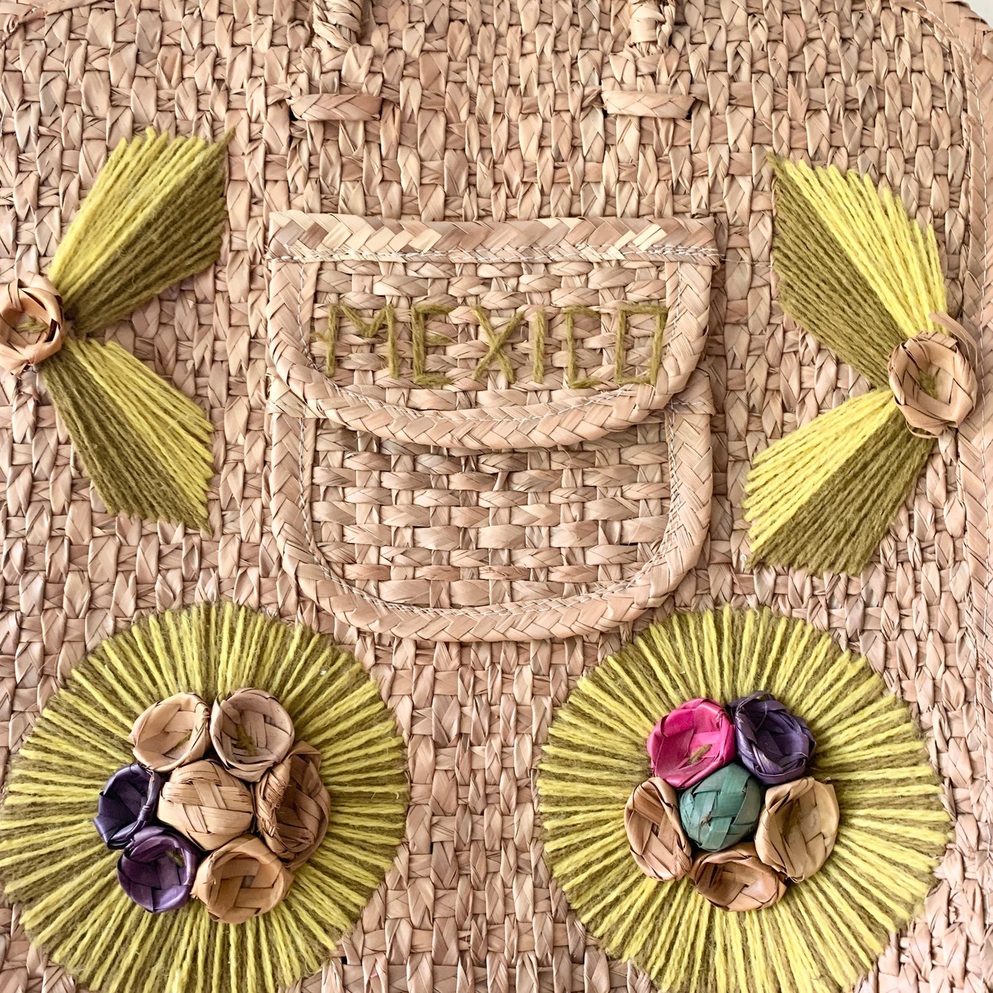 MEXICO Vintage 70s Handmade Straw Woven Purse Beach Bag Neon Green