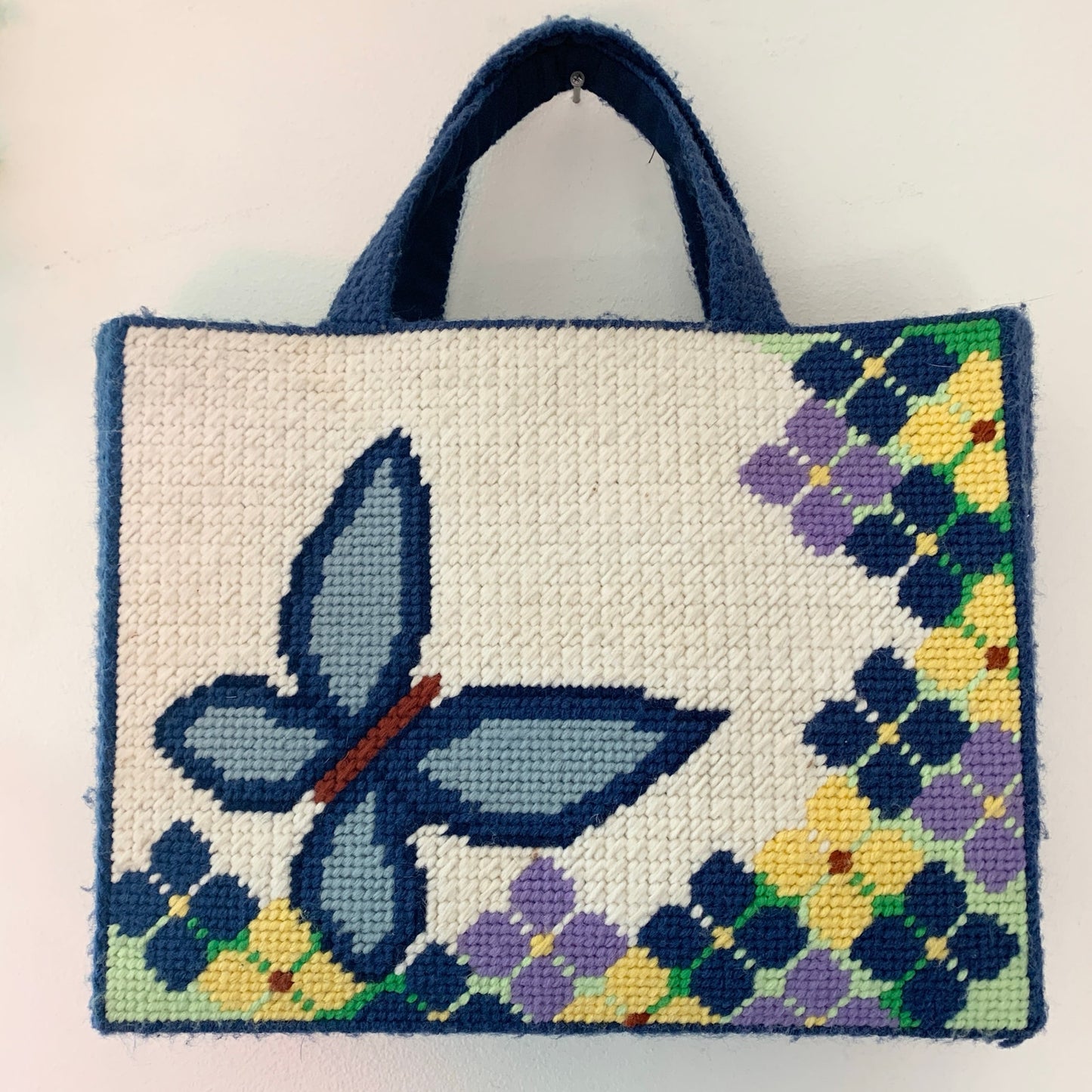 Vintage 1970s Needlepoint Butterfly Purse Tote Bag Blue White