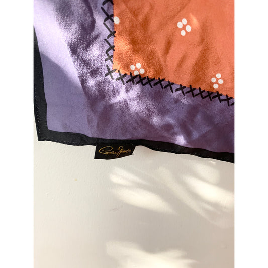 CORNELIA JAMES vintage Silk square patchwork purple plant themed neck silk scarf
