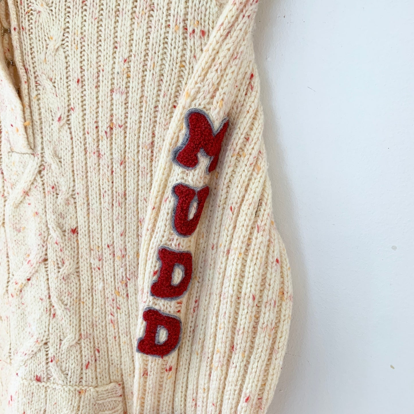 MUDD Jeans Vintage Y2K Logo Knit Cream Red Cable Knit Sweater XL
