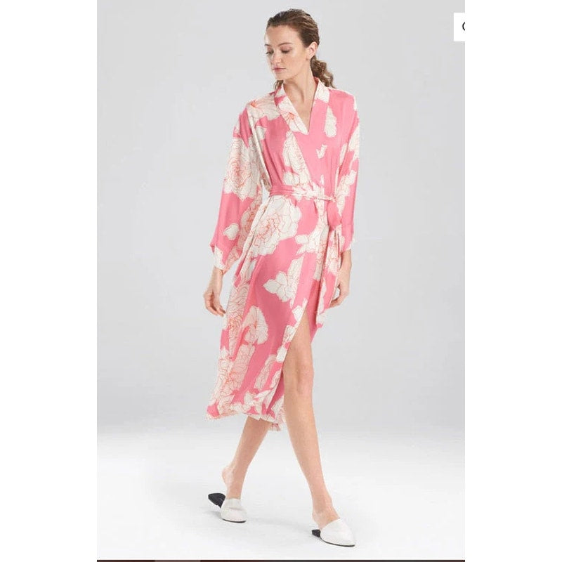 Natori Peony Sunset Floral Pink White Nightgown and Robe Set