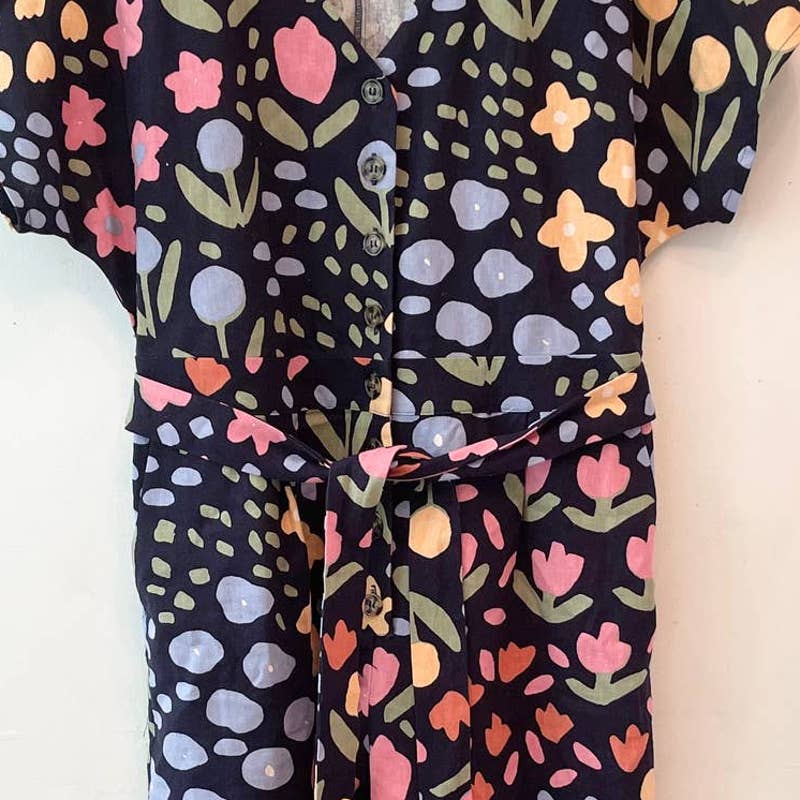 Modcloth Painting Pretty Petals Princess Highway Floral Navy Blue Jumpsuit 14