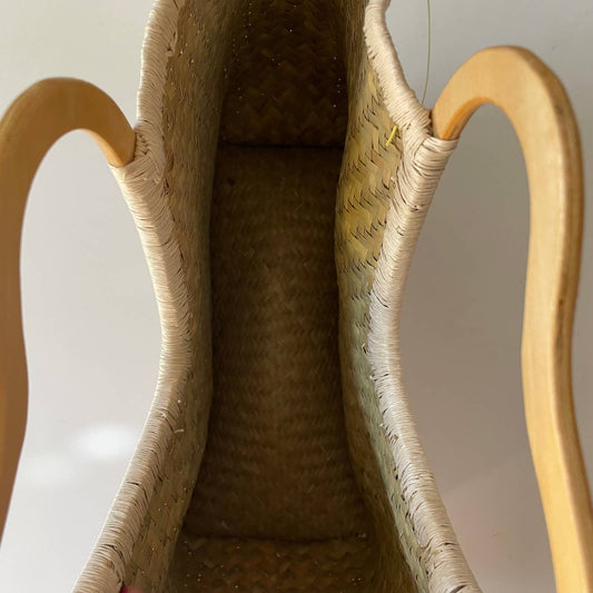 Vintage Straw Heart Handle Plaid Brown Cream Wicker Purse