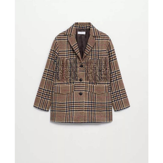 Mango MNG Women's Checked Print Fringe Blazer Brown Large
