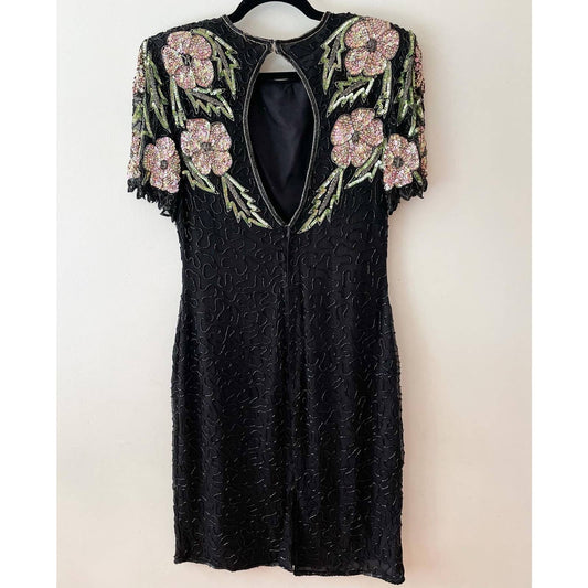 Laurence Kazar Vintage Pink Black Floral Sequin Dress