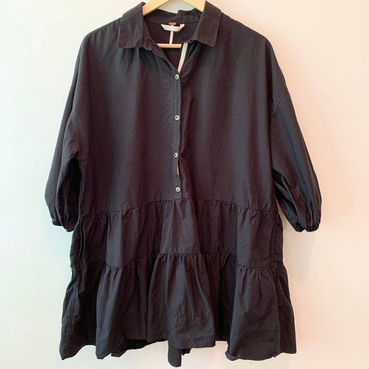 Free People Misha Black Mini Button Front Cotton Tiered Dress Small