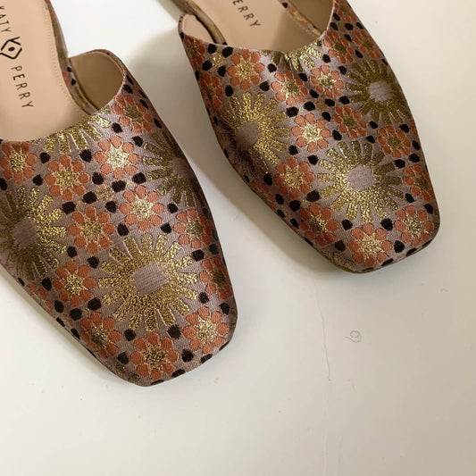 Katy Perry Evie Brocade Flower Print Slip On Gold Square Toe Mule 9