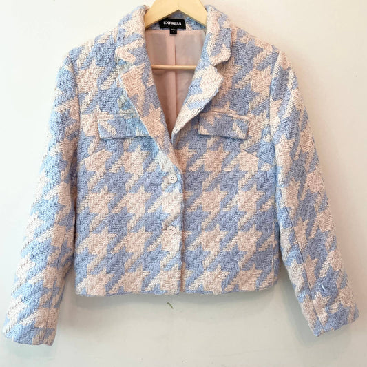 Express Houndstooth Boucle Blue White Jacket Blazer