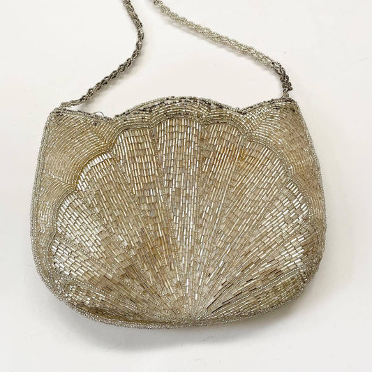 Vintage Beaded Seashell Silver Shoulder Purse