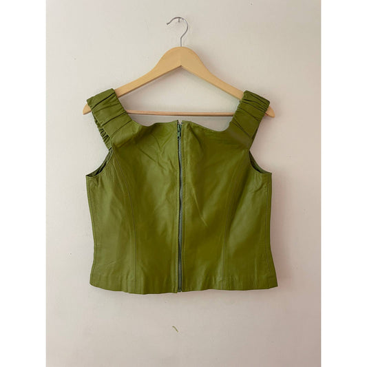 Vintage Leather Green Cap Sleeve Crop Shirt
