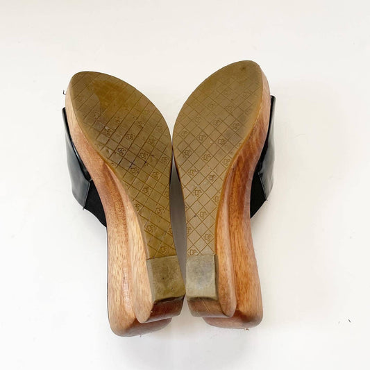 Donald J. Pliner Wish Black Wooden Square Heeled Patent Leather Mule Sandals