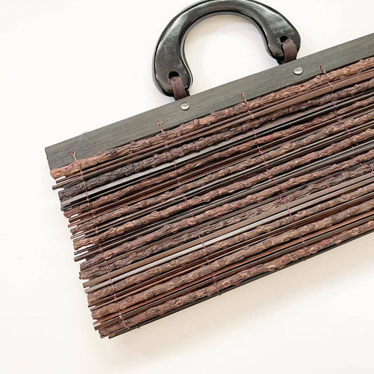 Vintage WNW Brown Wooden Top Handle Straw Purse Clutch