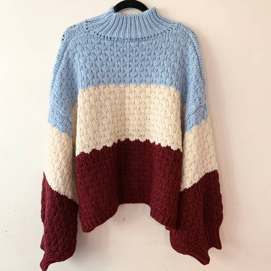 Anthropologie Colorblock Nell Knit Sweater Burgundy Blue White 2X