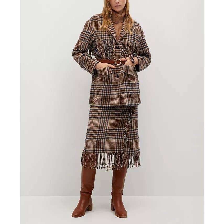 Mango MNG Women's Checked Print Fringe Blazer Brown Large