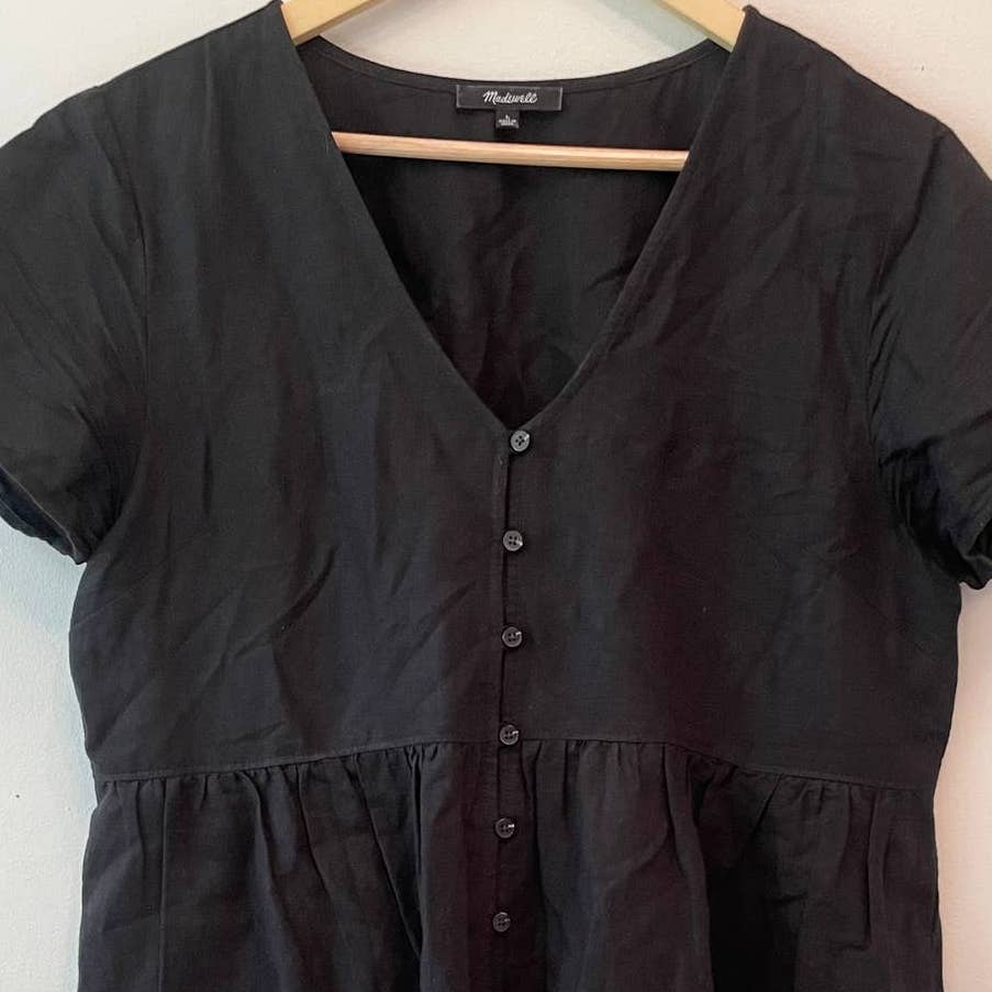 Madewell Linen Blend Alexandra Button Front Black Midi Dress AL713