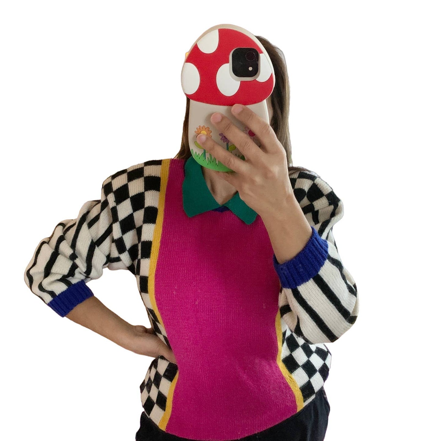 Vintage 1980s Outlander Checkered Striped Collared Pink Blue Black Sweater large