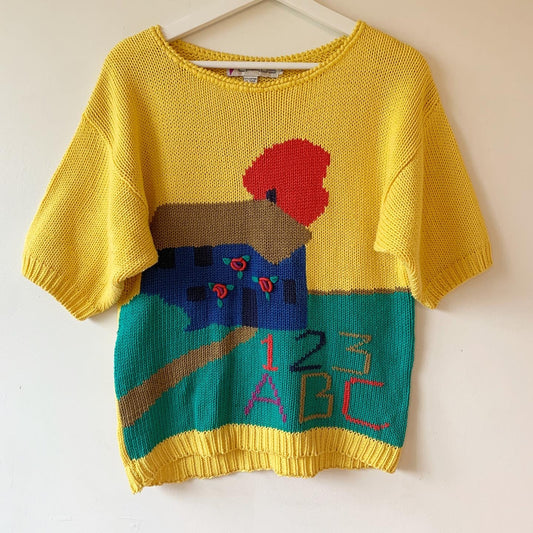 Vintage Novelty Chaus Teacher School Knit Yellow ABC House Sweater
