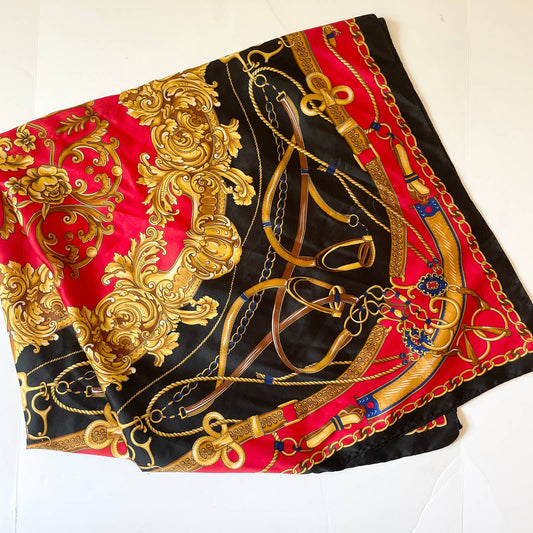 Vintage Equestrian Large Square Red Black Gold Rope Chain Satin Scarf