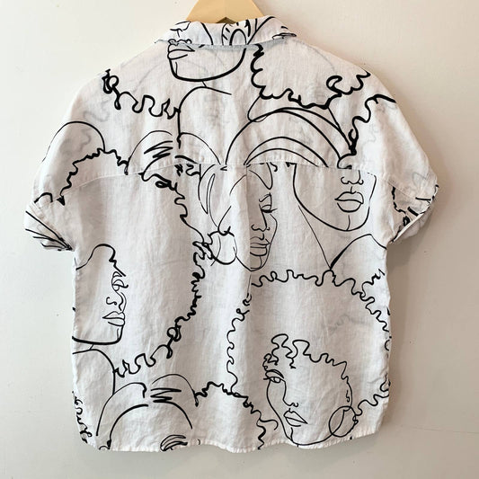 House of Harlow 1960 White Black Abstract Faces Button Up Linen Blouse