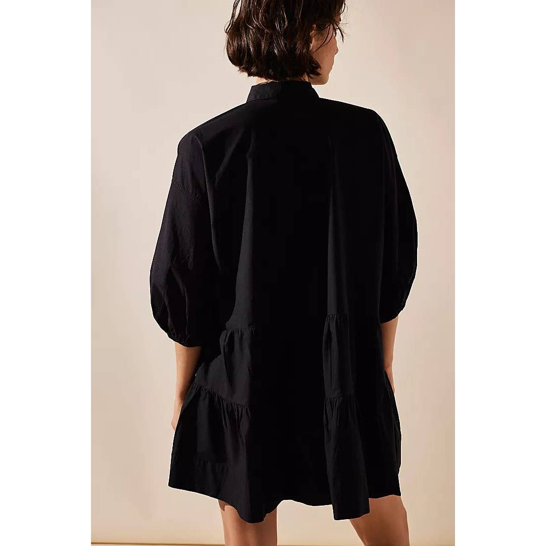 Free People Misha Black Mini Button Front Cotton Tiered Dress Small