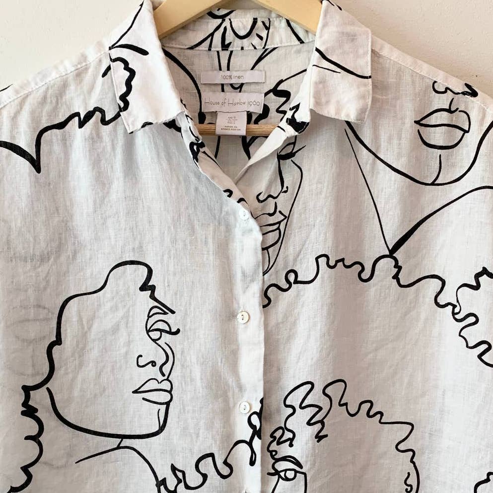 House of Harlow 1960 White Black Abstract Faces Button Up Linen Blouse