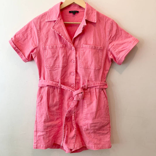 Skies are Blue Cotton Twill Notch Collar Short Sleeve Belted Denim Romper Small