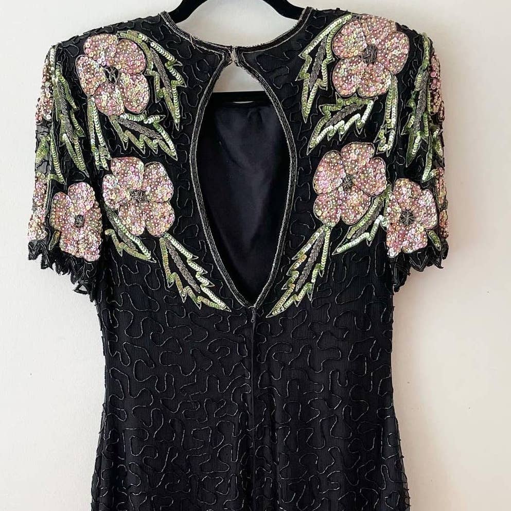 Laurence Kazar Vintage Pink Black Floral Sequin Dress
