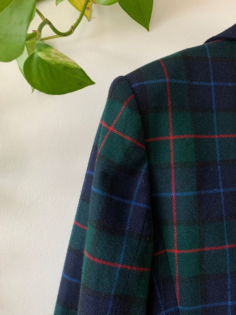 Vintage Le Suit Navy & Green Tartan Plaid Oversized Blazer Size 14