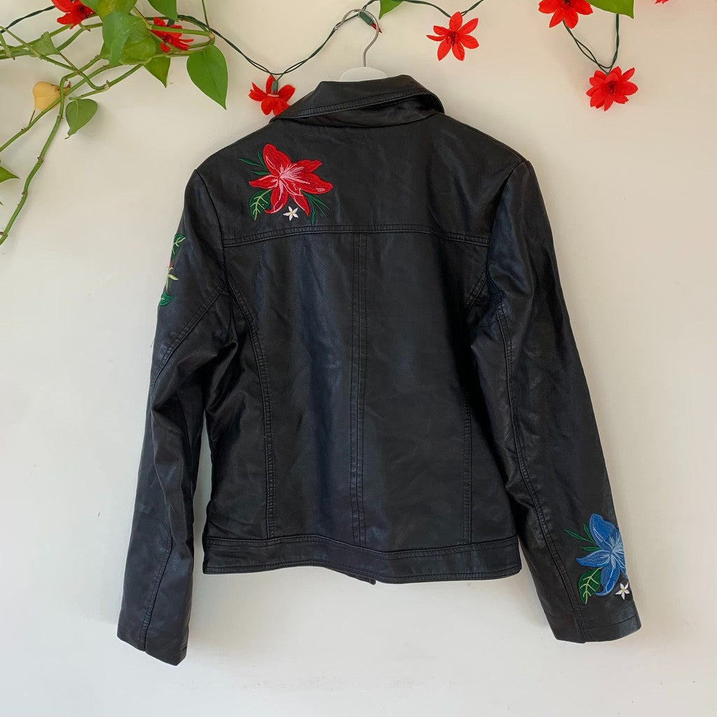 Reputation Embroidered Floral Biker Faux Leather Jacket Size XL