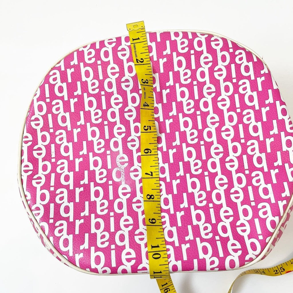 Vintage 2003 Large Barbie Printed Makeup Travel Barbie Logo Doll Round Carrying Case Pink White
