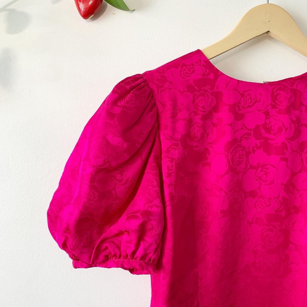 Vintage 80s Adrianna Papell Pink Sheath Midi Puff Sleeve Dress