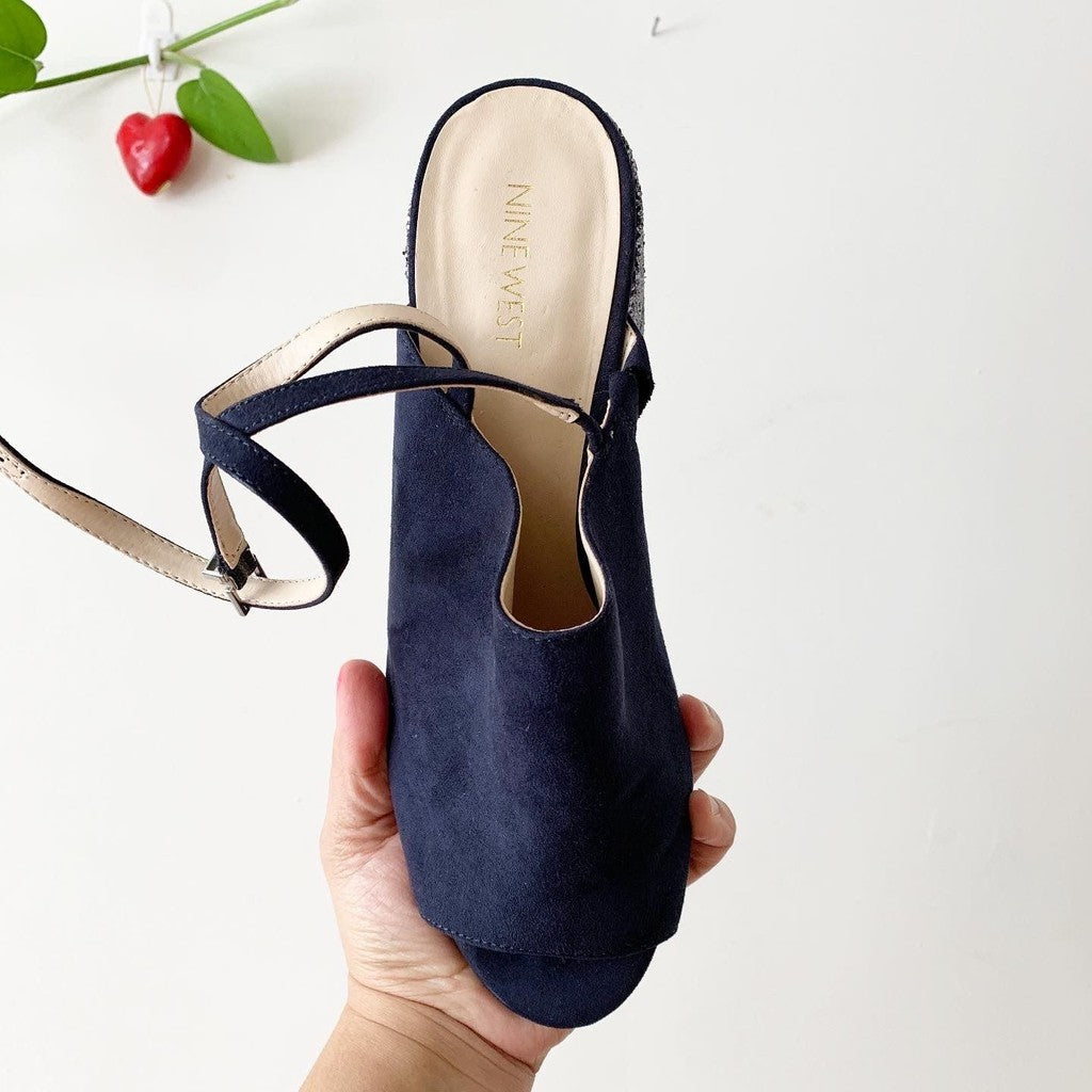 Nine West Glitter Colorblock Faux Suede Open Toe Mule Heel 9.5