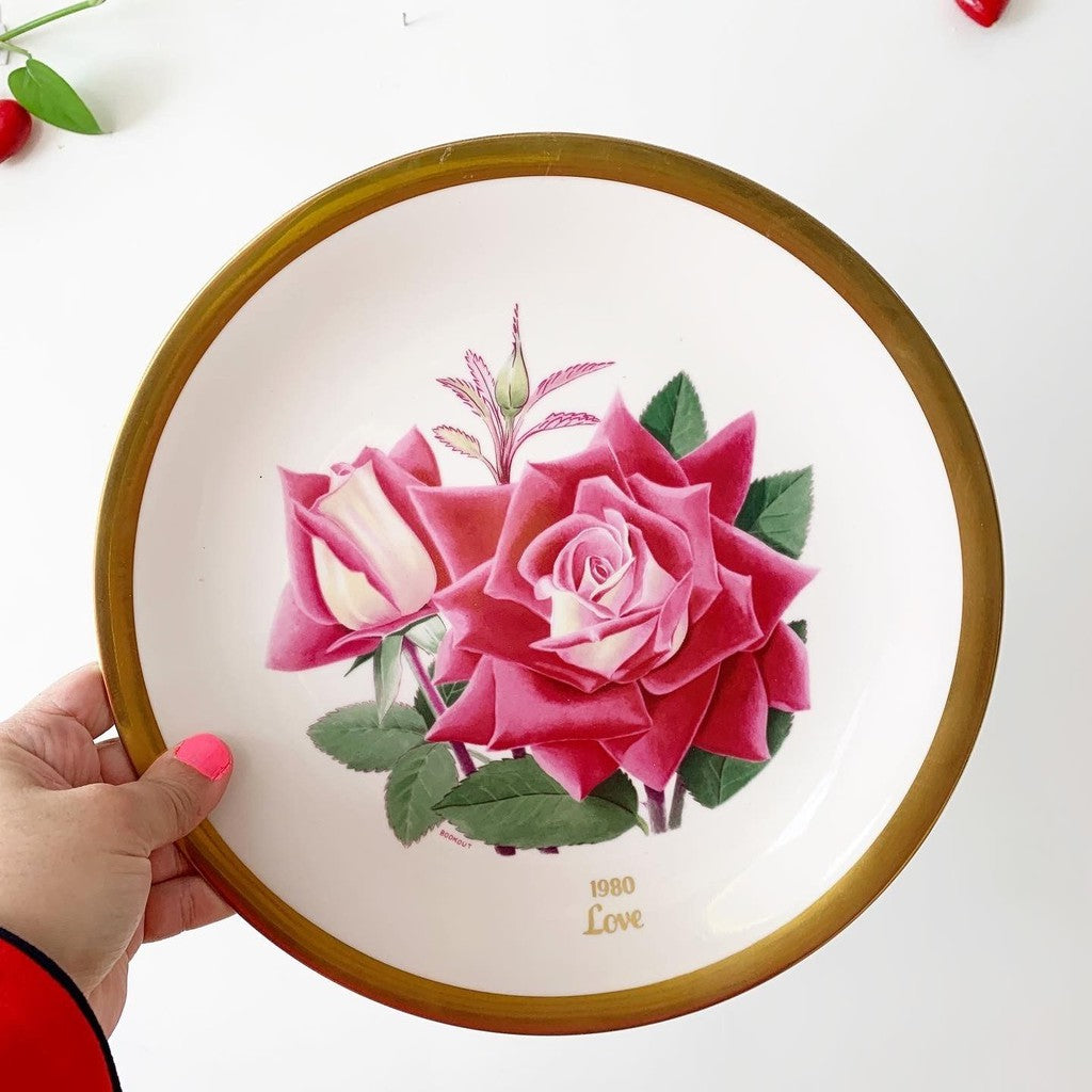 Vintage 1980 American Rose Society Ceramic Two-Piece Flower Collector Plate