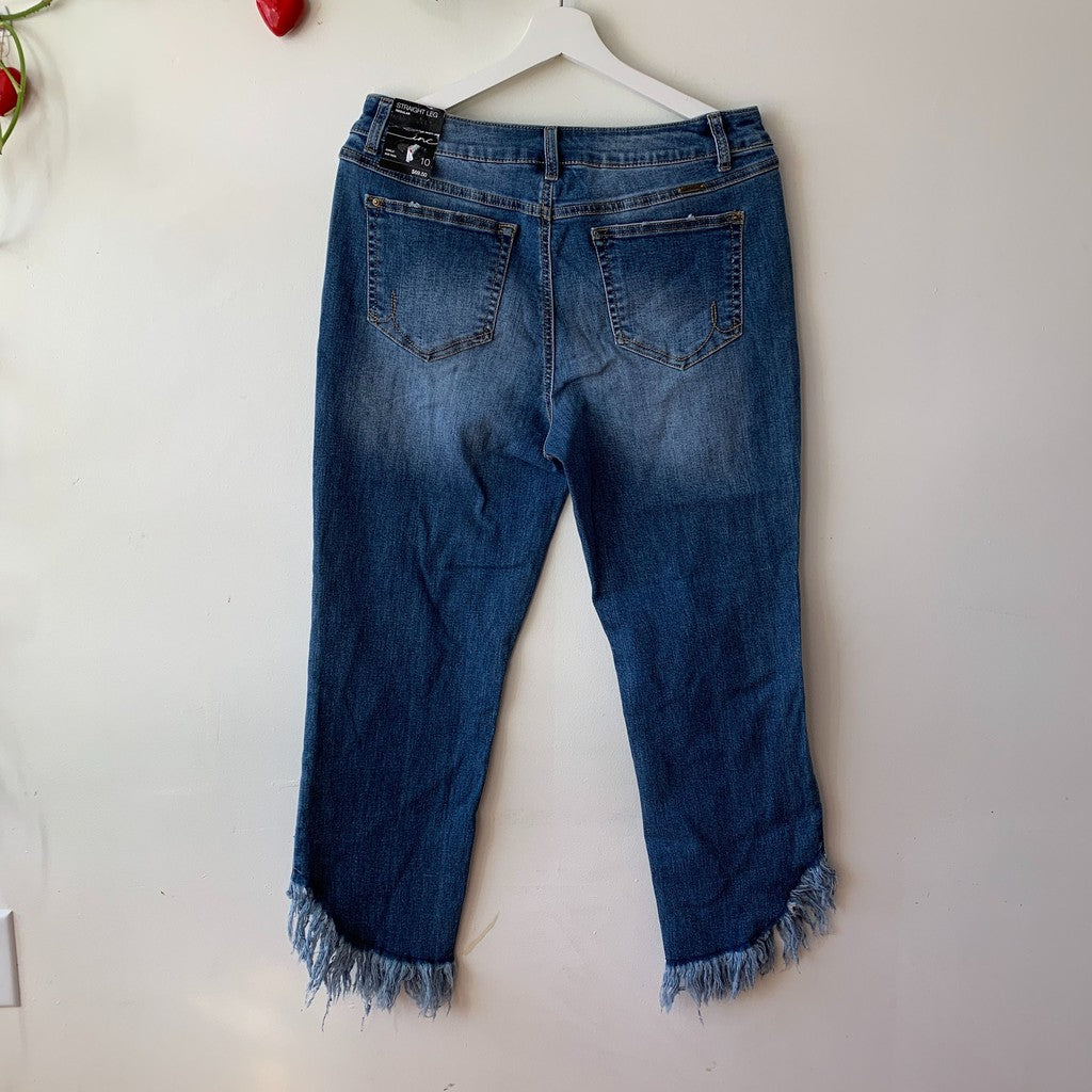 INC International Concepts Women Straight Leg High Rise Button Fly Frayed Hem Jeans Size 10 Regular