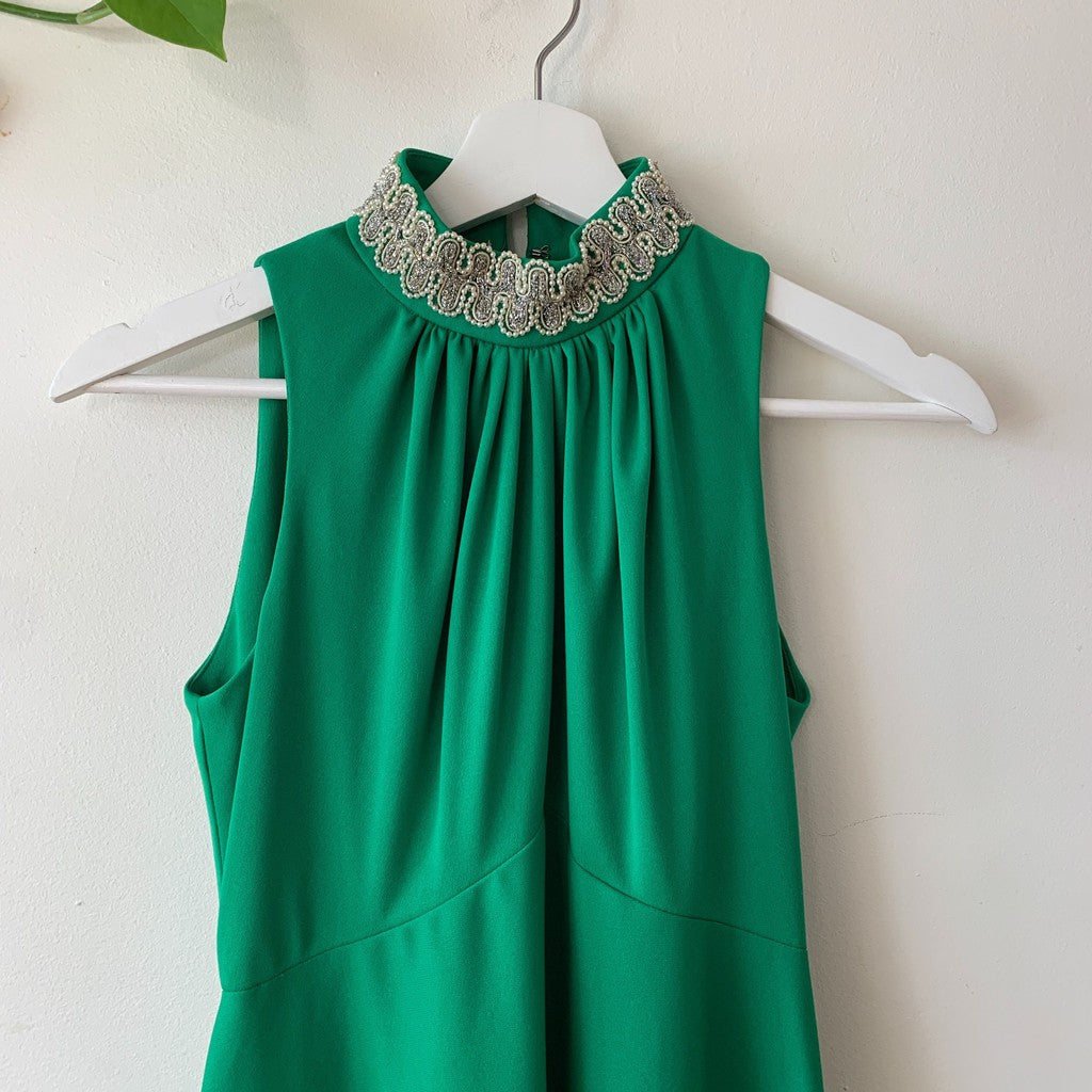 Vintage 1970s Kelly Green Beaded Collar Maxi Formal Dress Size Small