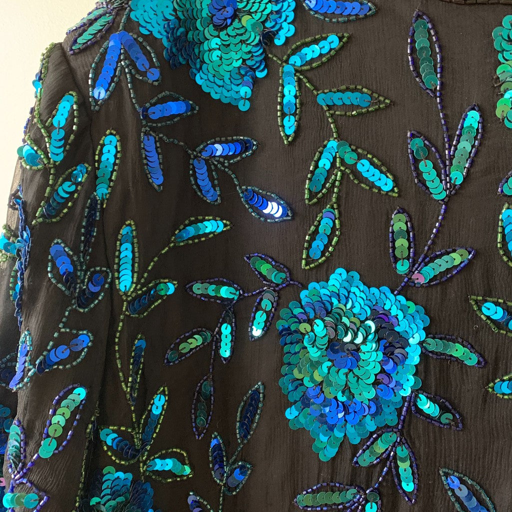 Vintage Scala Silk Beaded Sequin Blouse Blue Floral Plus 6X