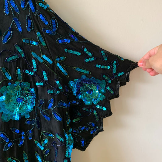 Vintage Scala Silk Beaded Sequin Blouse Blue Floral Plus 6X