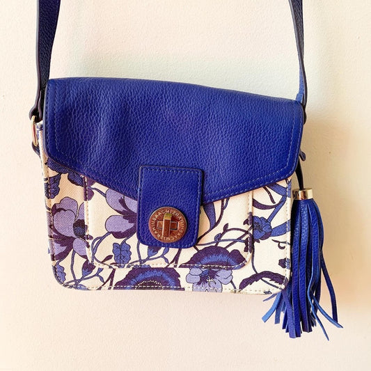 Isaac Mizrahi Bridgehampton Blue & White Cotton & Leather Floral Crossbody Purse
