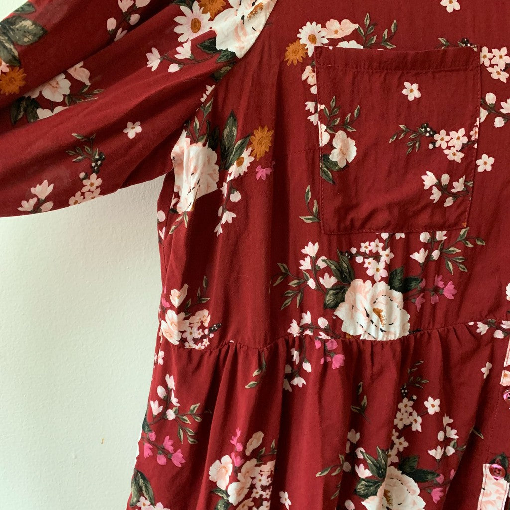 Torrid Burgundy and White Button-Up Floral Long Sleeve Top 2X