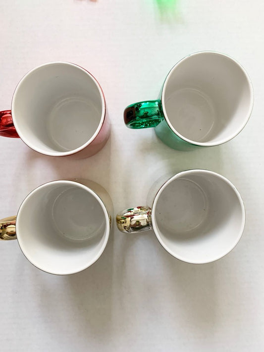 Vintage Celebrate the Season Red, Green, Silver, Gold Metallic Christmas Coffee Mug Set of 4