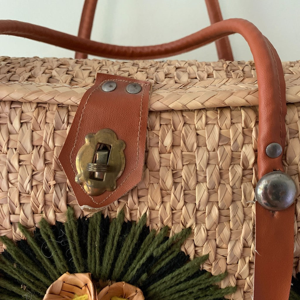 Vintage Straw Woven Tote Bag with Flowers