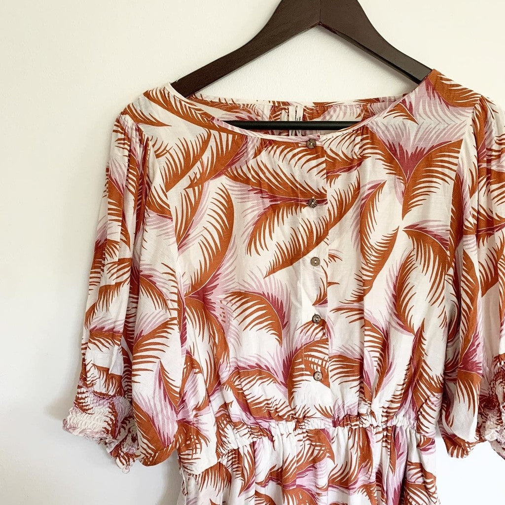 By Anthropologie Nicole Puff Sleeves Floral Palm Leaf Shirtdress Linen Blend S